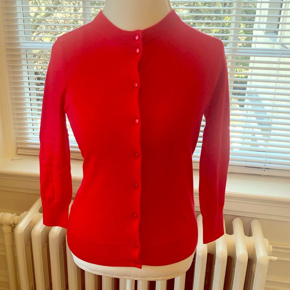 JCREW: Clare Cardigan COLOR:  Bright Red